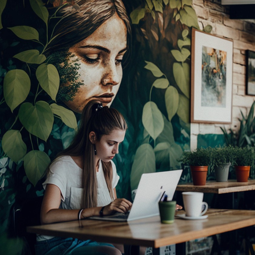 femme écrivant des articles de blog dans un café