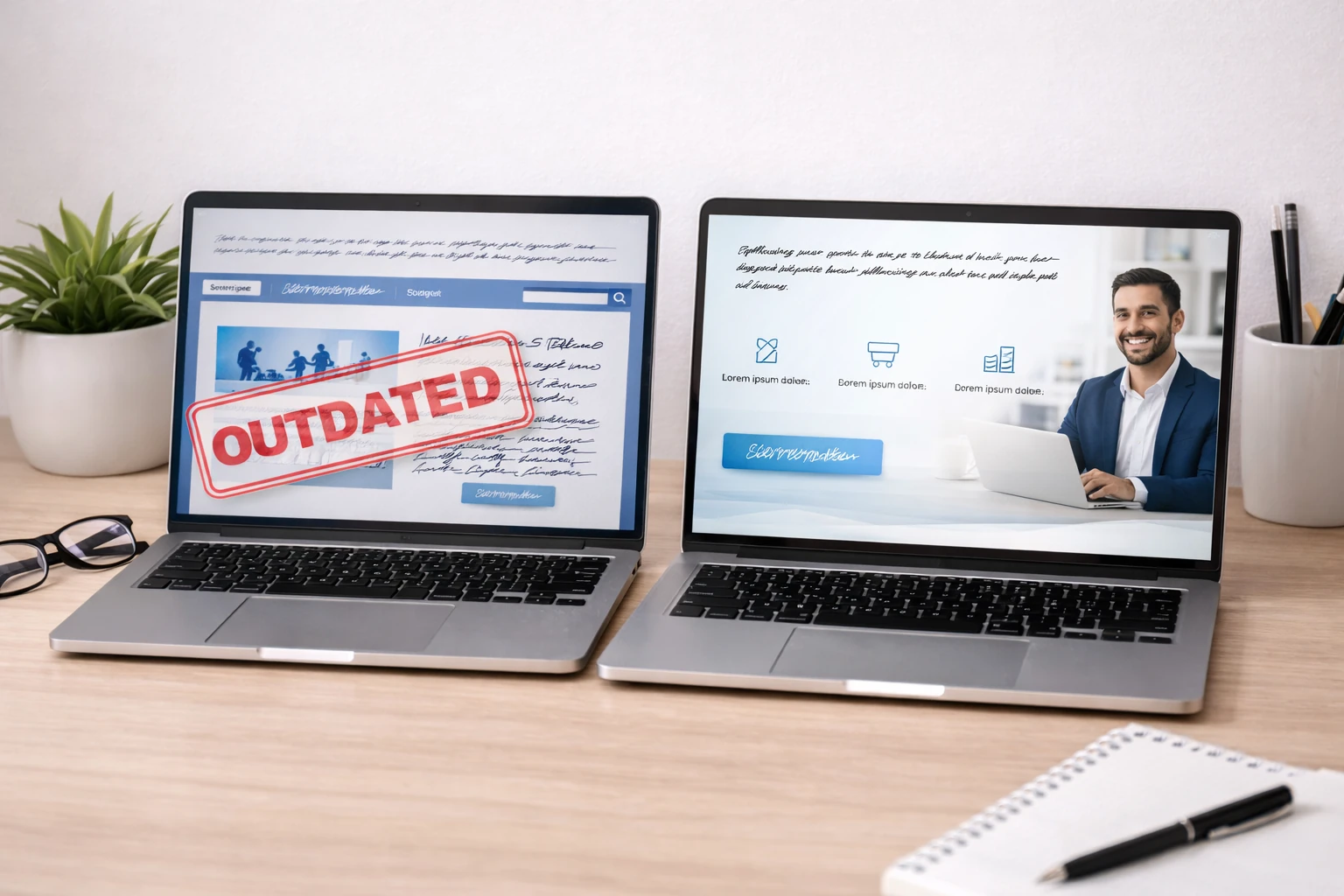 Refonte de site web Push Digi avec comparaison entre ancien site outdated et nouveau design modernisé