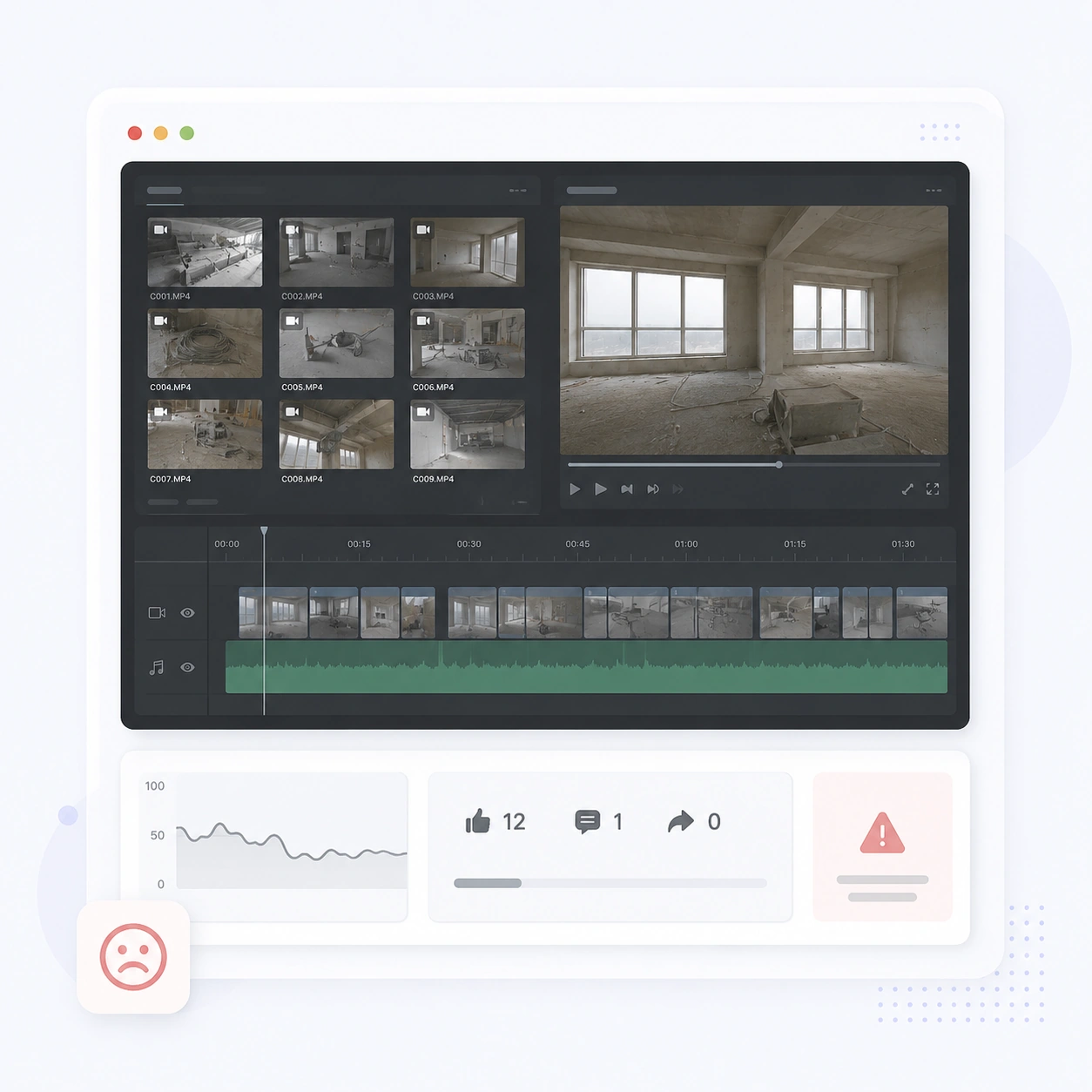 Interface de montage vidéo montrant des rushes à assembler pour créer une vidéo professionnelle Interface de montage vidéo montrant des rushes à assembler pour créer une vidéo professionnelle