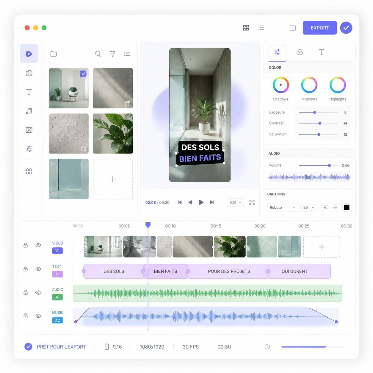 Interface de montage vidéo professionnelle avec timeline, sous-titres et export mobile Interface de montage vidéo professionnelle avec timeline, sous-titres et export mobile