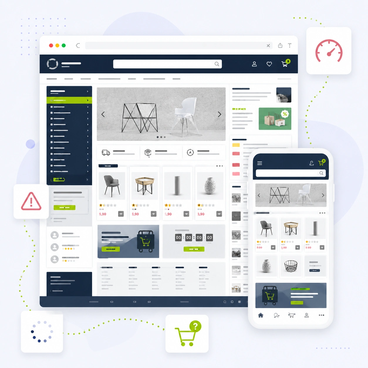 Interface e-commerce PrestaShop avec optimisation mobile, panier et parcours d’achat