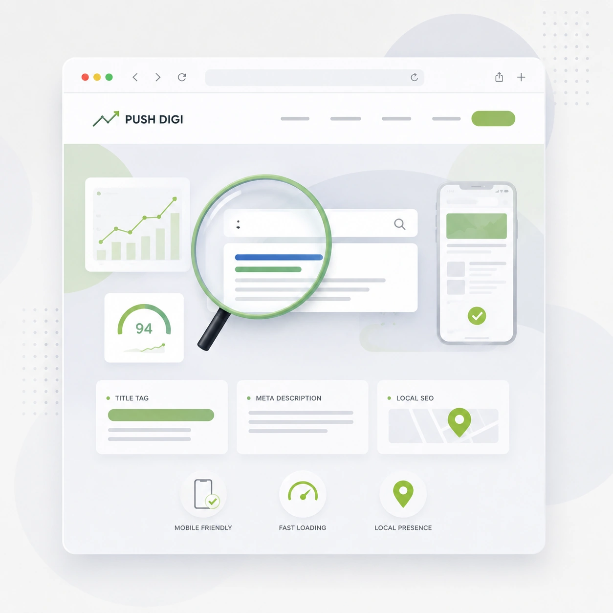 Interface minimaliste d’audit SEO avec analyse de structure, vitesse et référencement local