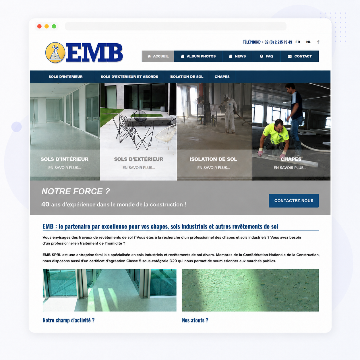 Mockup de l’ancien site EMB avant refonte de site internet par Push Digi à Bruxelles