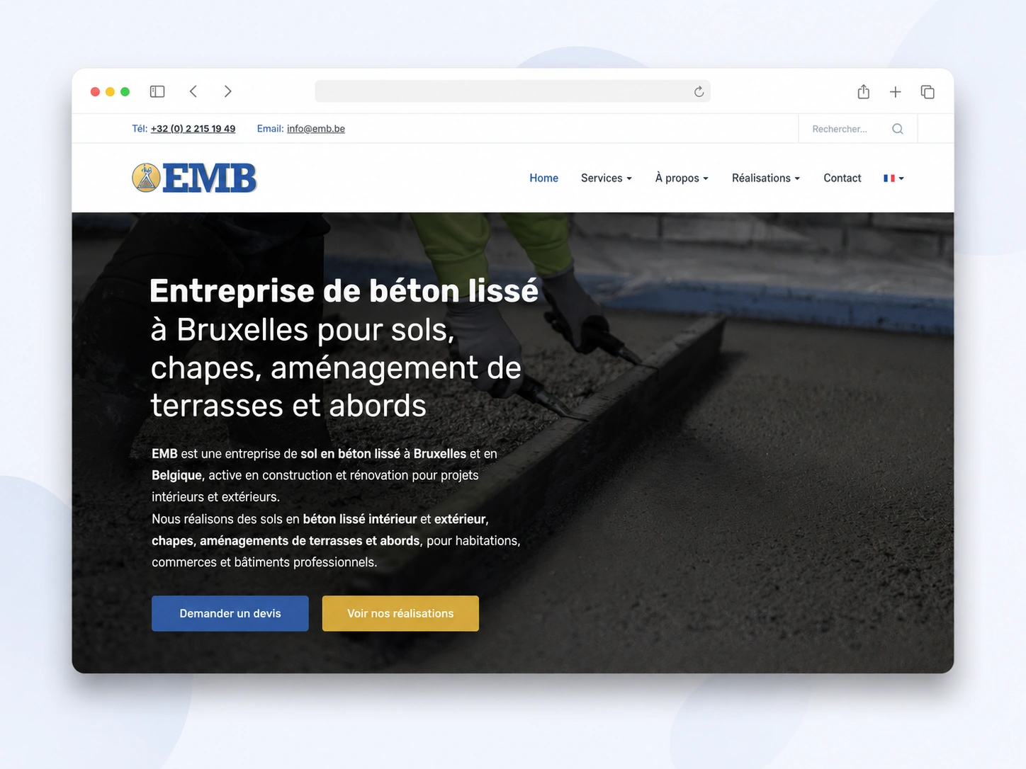 Mockup du nouveau site EMB après refonte web par Push Digi pour une entreprise de béton lissé à Bruxelles