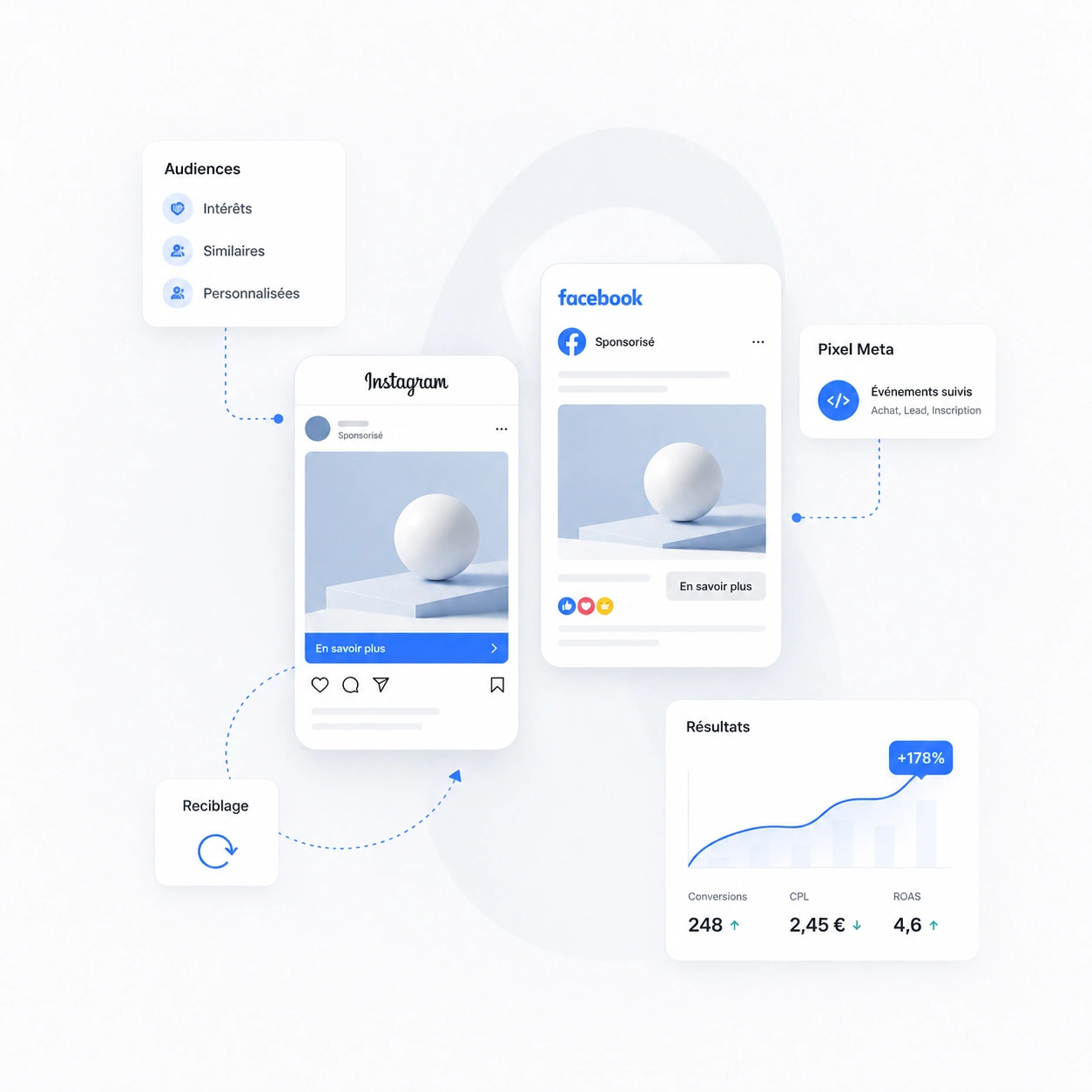 Publicités Facebook et Instagram avec ciblage, pixel Meta et suivi des conversions