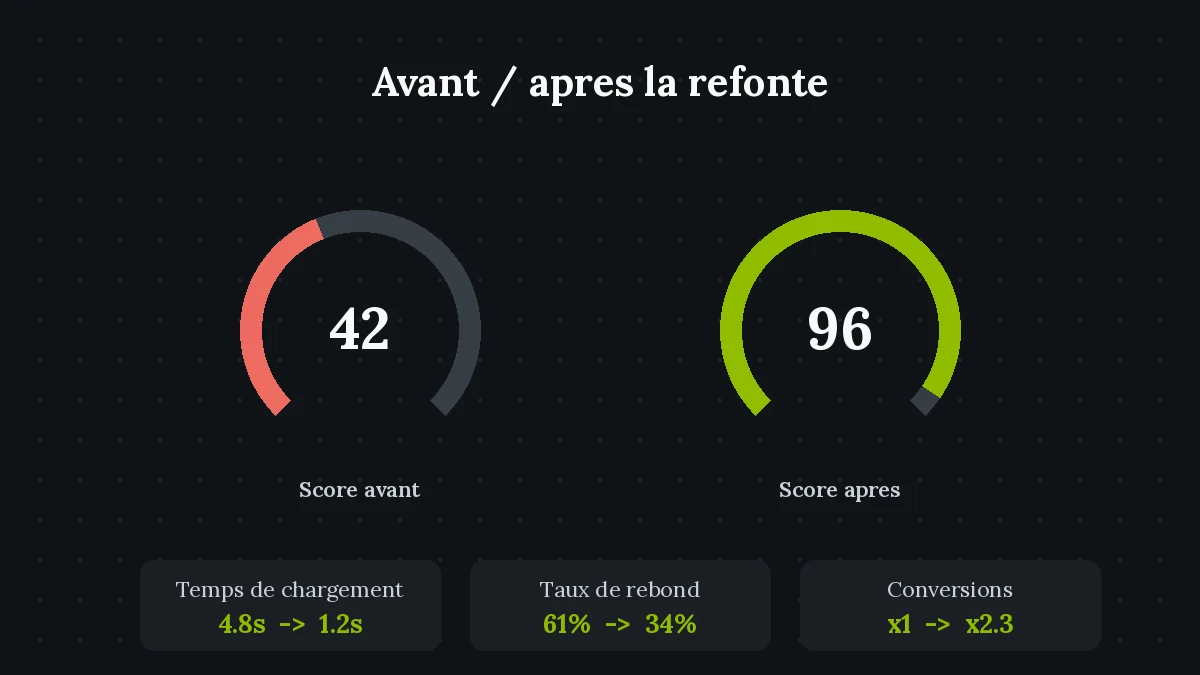 Comparaison avant apres refonte WordPress : performance et conversions