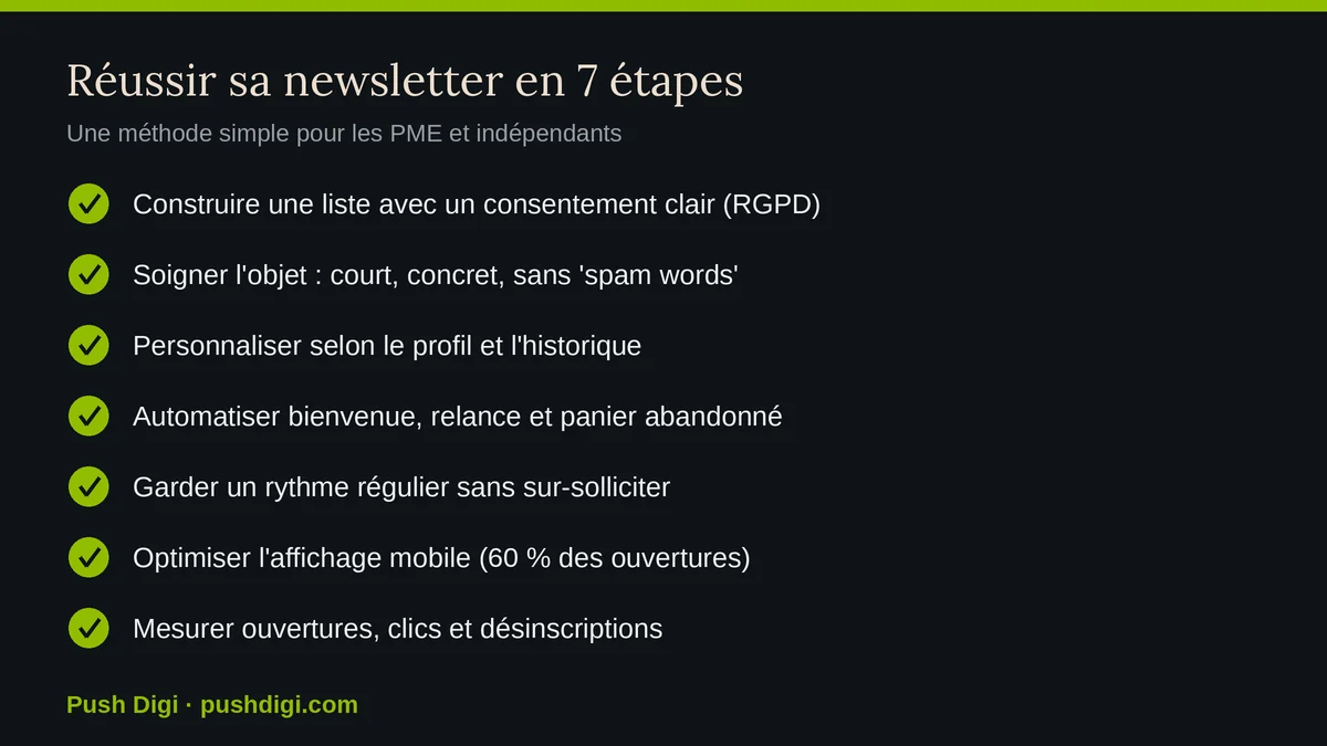 Checklist en sept étapes pour réussir sa newsletter de PME : consentement, objet, personnalisation, automatisation, rythme, mobile et mesure