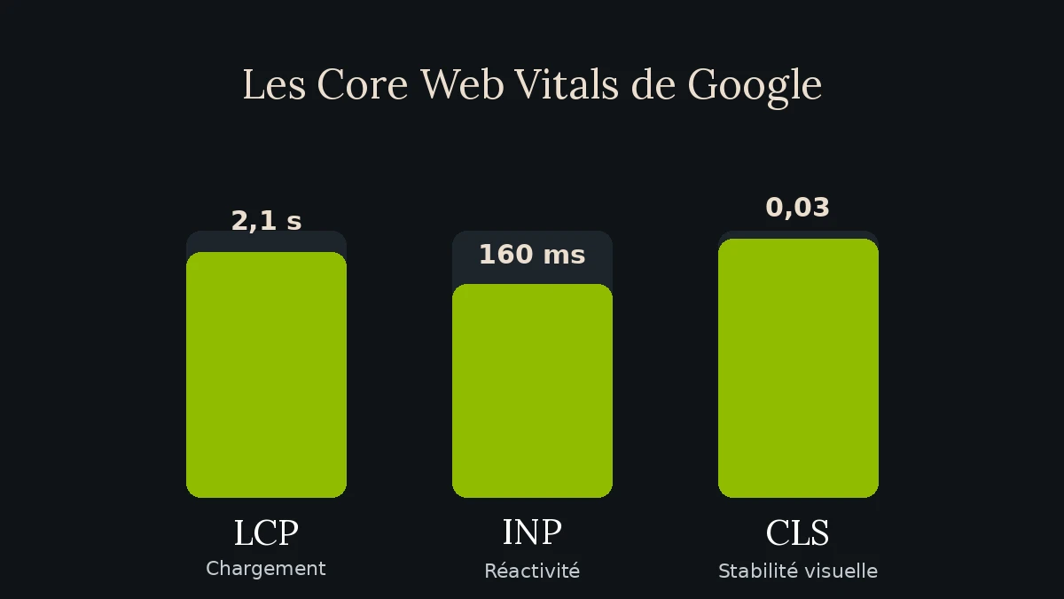 Graphique des Core Web Vitals de Google : LCP, INP et CLS au vert