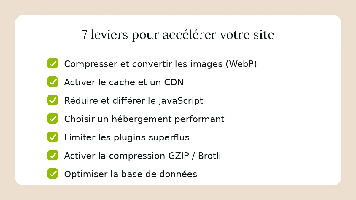 Liste de 7 leviers pour améliorer la vitesse d'un site web : images WebP, cache, CDN, hébergement