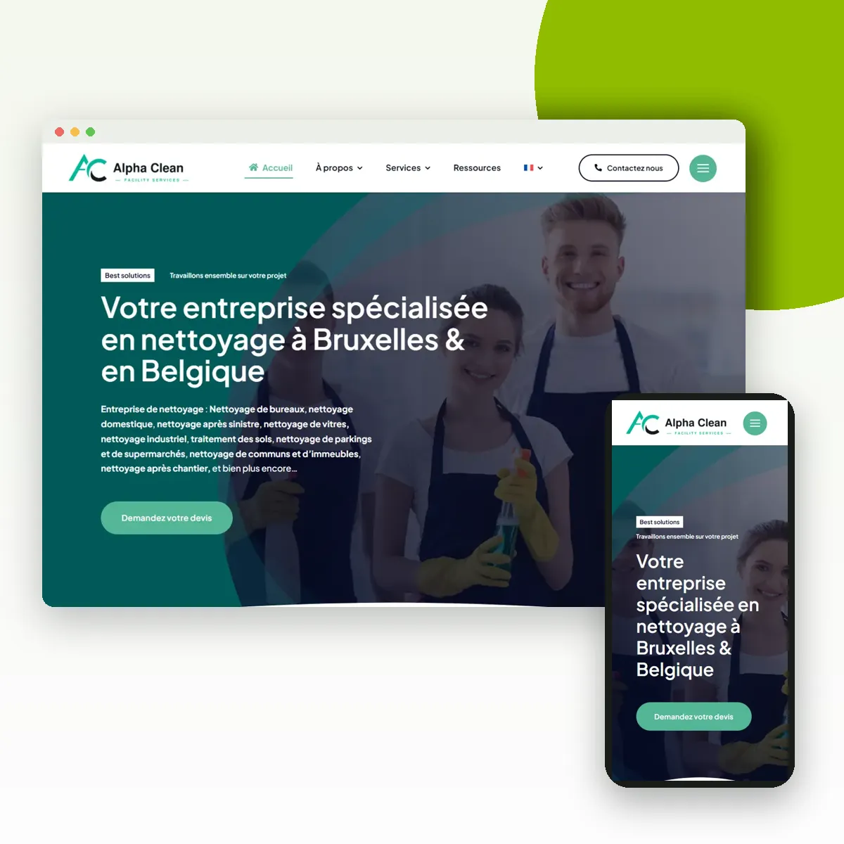 Site internet de Alpha Clean sur ordinateur et mobile, réalisé par Push Digi