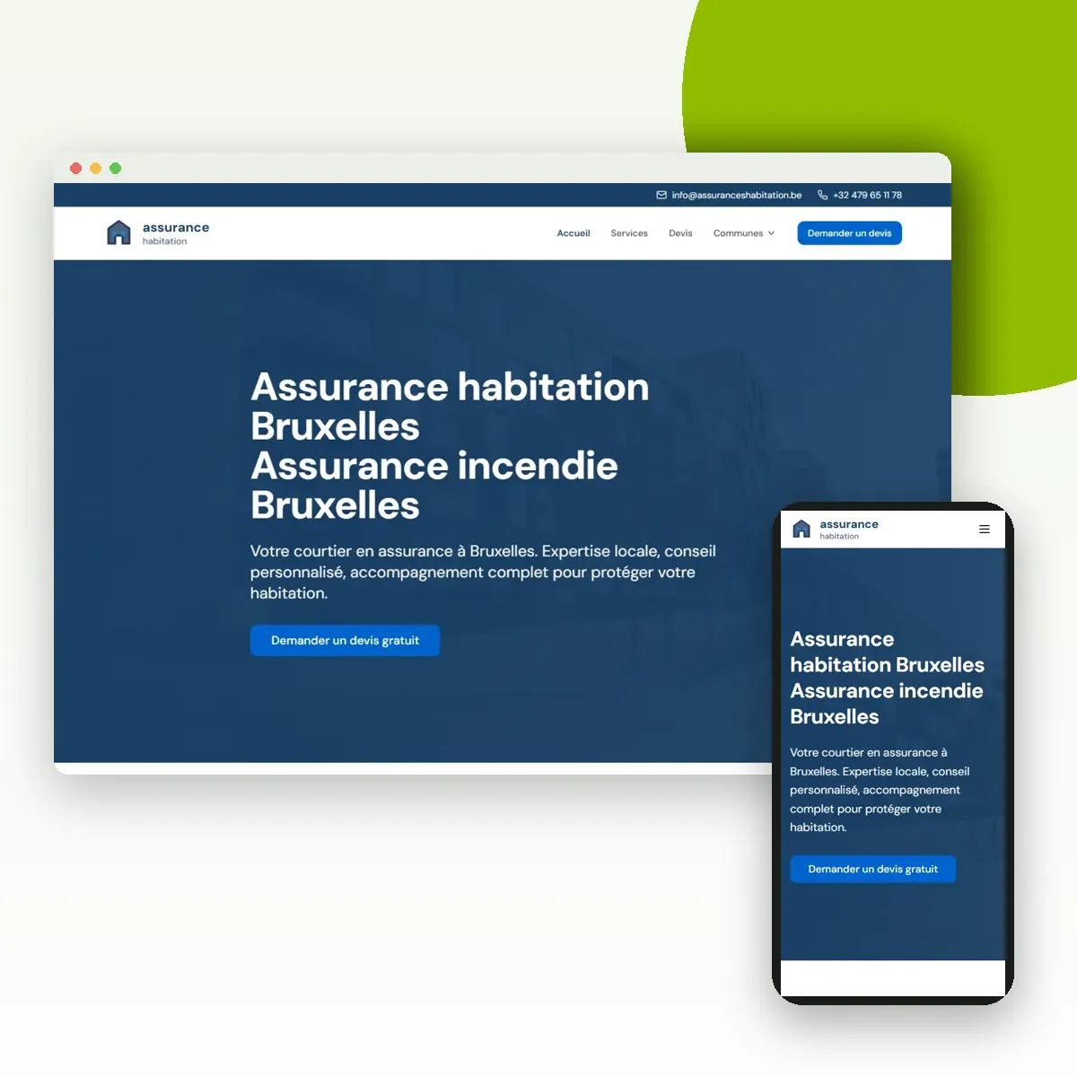 Site internet de Assurances Habitation (assuranceshabitation.be) sur ordinateur et mobile, réalisé par Push Digi Site internet de Assurances Habitation (assuranceshabitation.be) sur ordinateur et mobile, réalisé par Push Digi