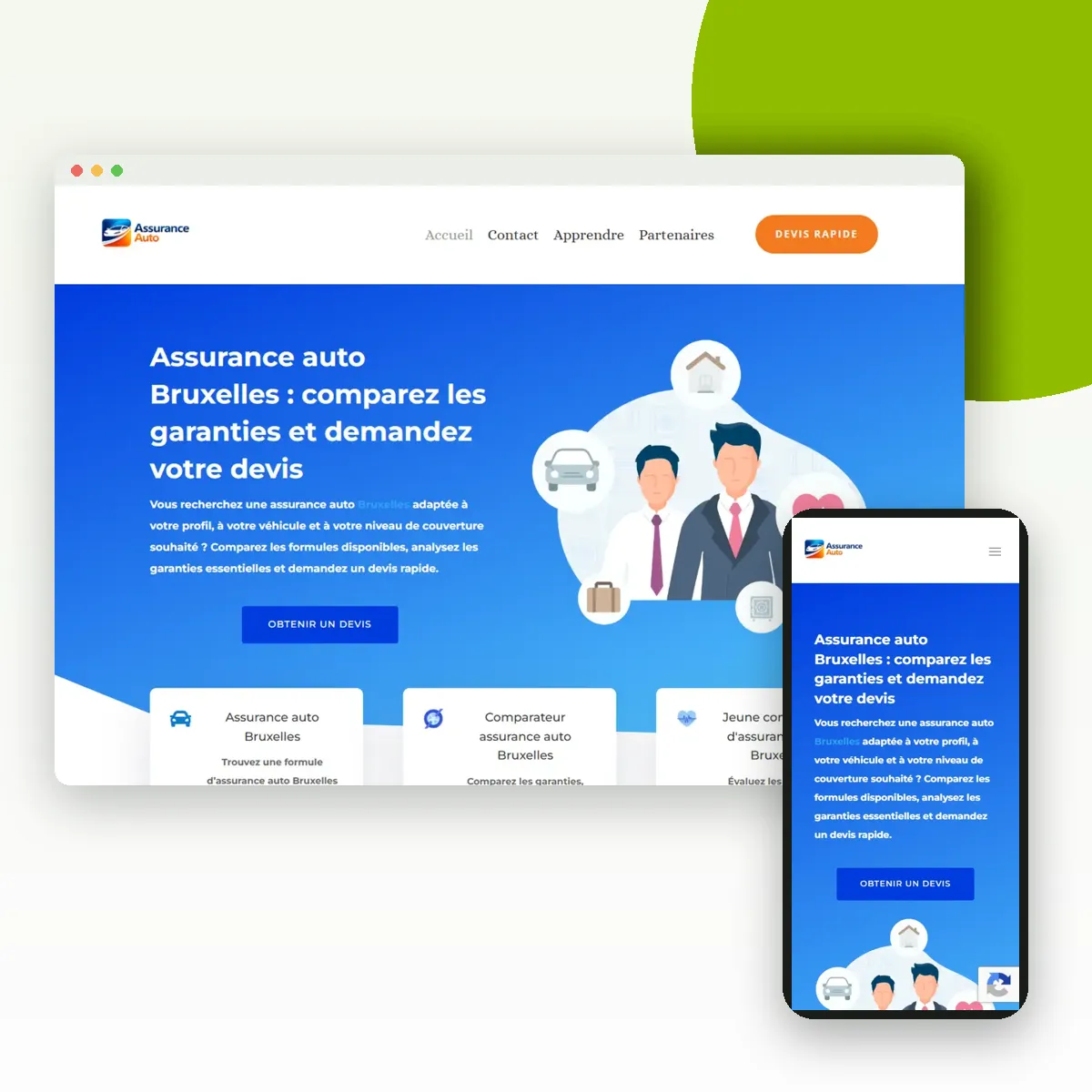 Site internet de Auto Assurance (AutoAssurance.be) sur ordinateur et mobile, réalisé par Push Digi Site internet de Auto Assurance (AutoAssurance.be) sur ordinateur et mobile, réalisé par Push Digi