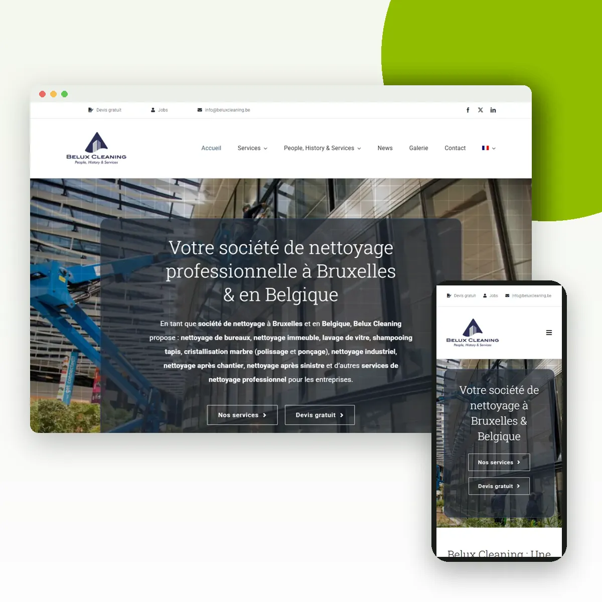 Site internet de Belux Cleaning sur ordinateur et mobile, réalisé par Push Digi