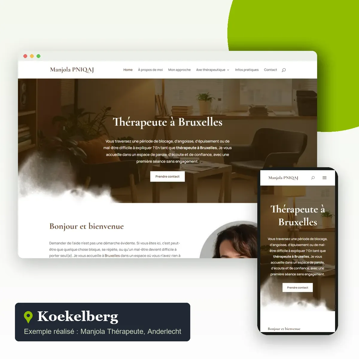 Création de site internet à Koekelberg : exemple de site vitrine réalisé pour une thérapeute indépendante d’Anderlecht, avec pages thématiques et infos pratiques