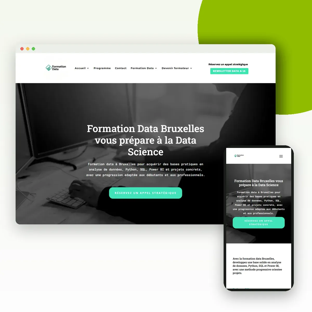 Site internet de Formation Data sur ordinateur et mobile, réalisé par Push Digi