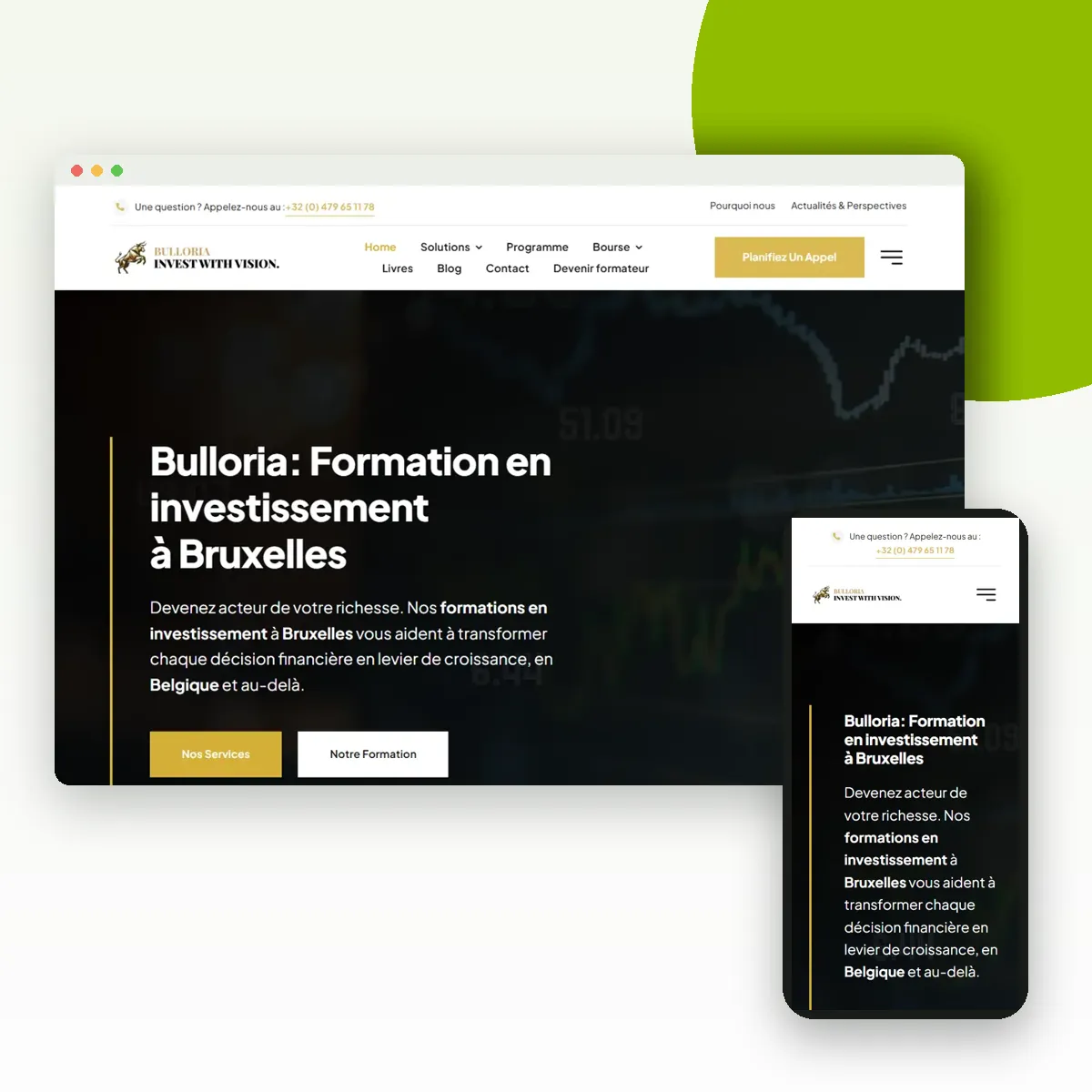 Site internet de Formation Investissement (Bulloria) sur ordinateur et mobile, réalisé par Push Digi Site internet de Formation Investissement (Bulloria) sur ordinateur et mobile, réalisé par Push Digi