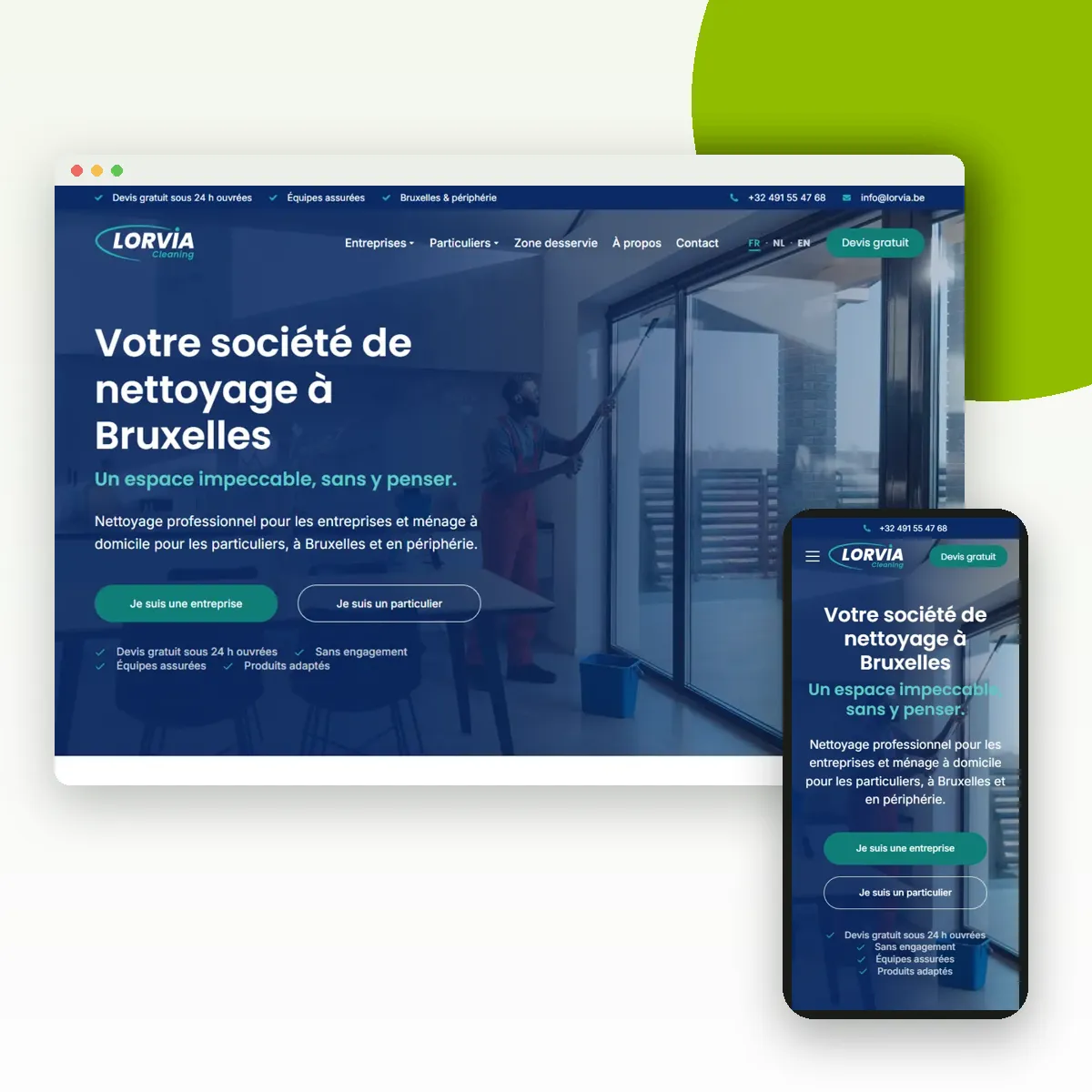 Site internet de notre entreprise Lorvia Cleaning, sur ordinateur et mobile