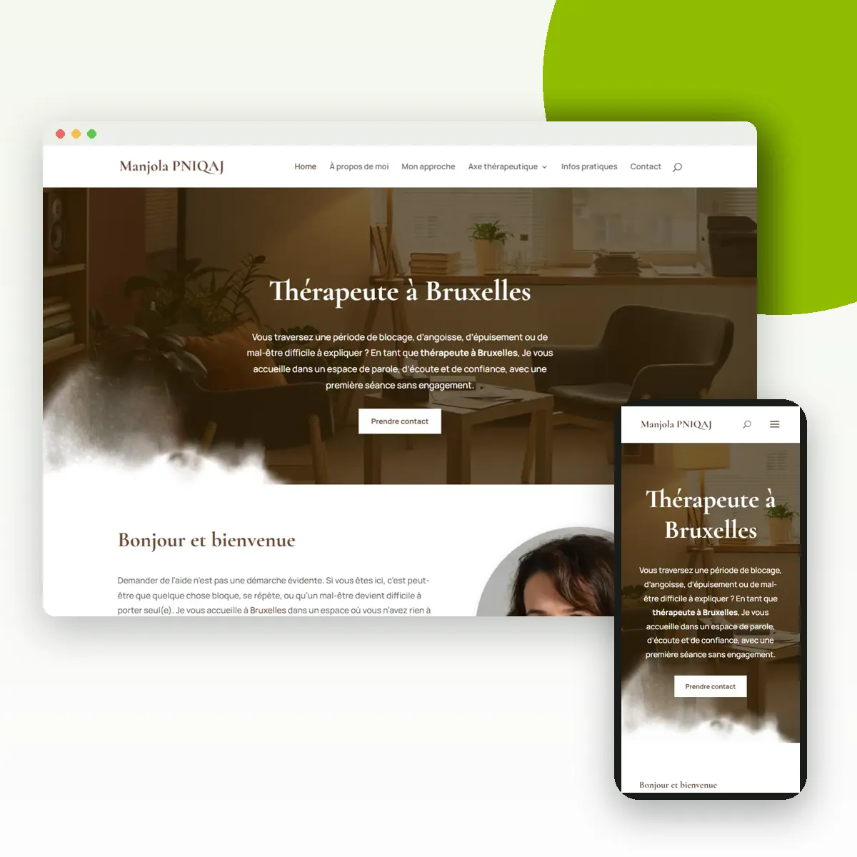Site internet de Manjola Thérapeute sur ordinateur et mobile, réalisé par Push Digi