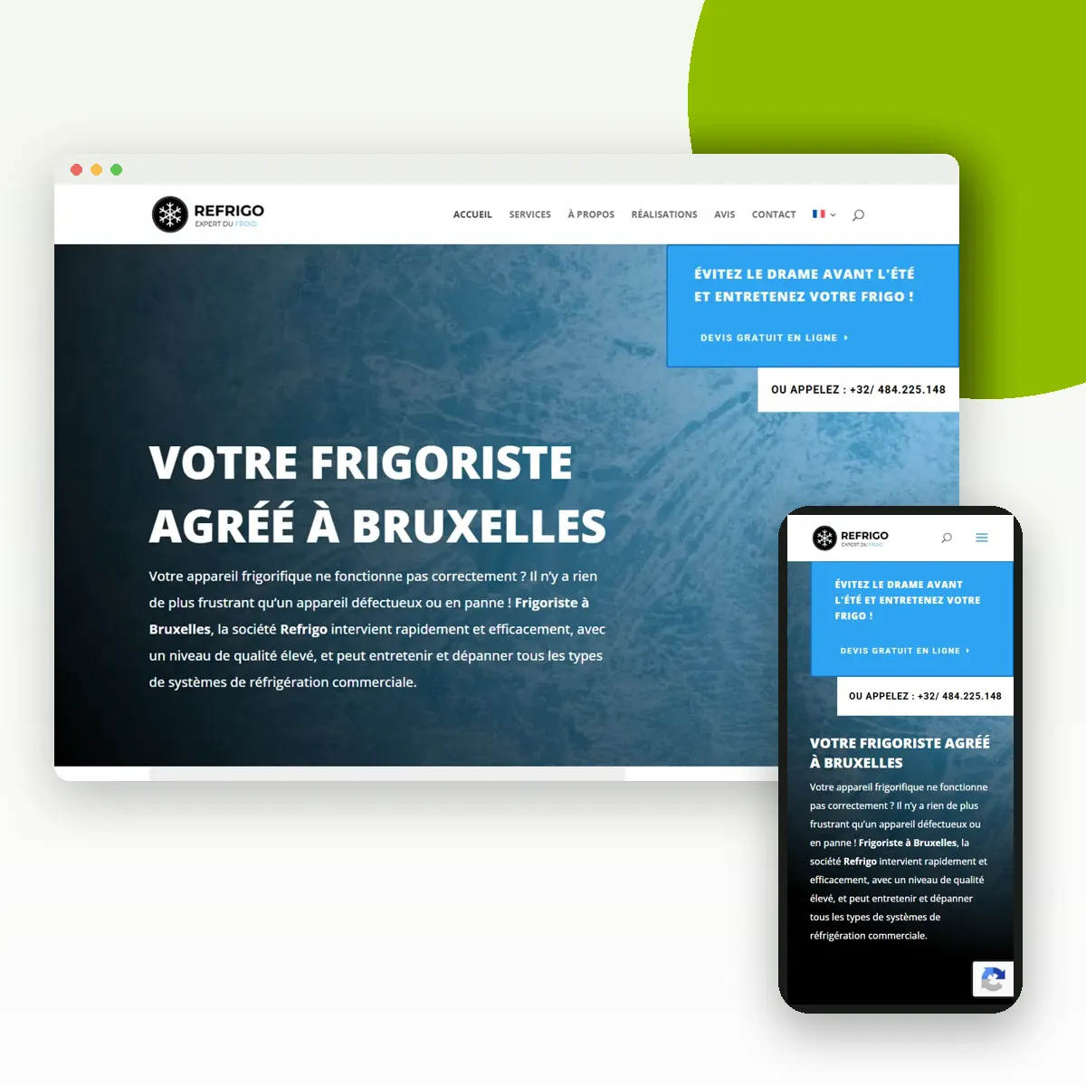 Site internet de Refrigo sur ordinateur et mobile, réalisé par Push Digi Site internet de Refrigo sur ordinateur et mobile, réalisé par Push Digi