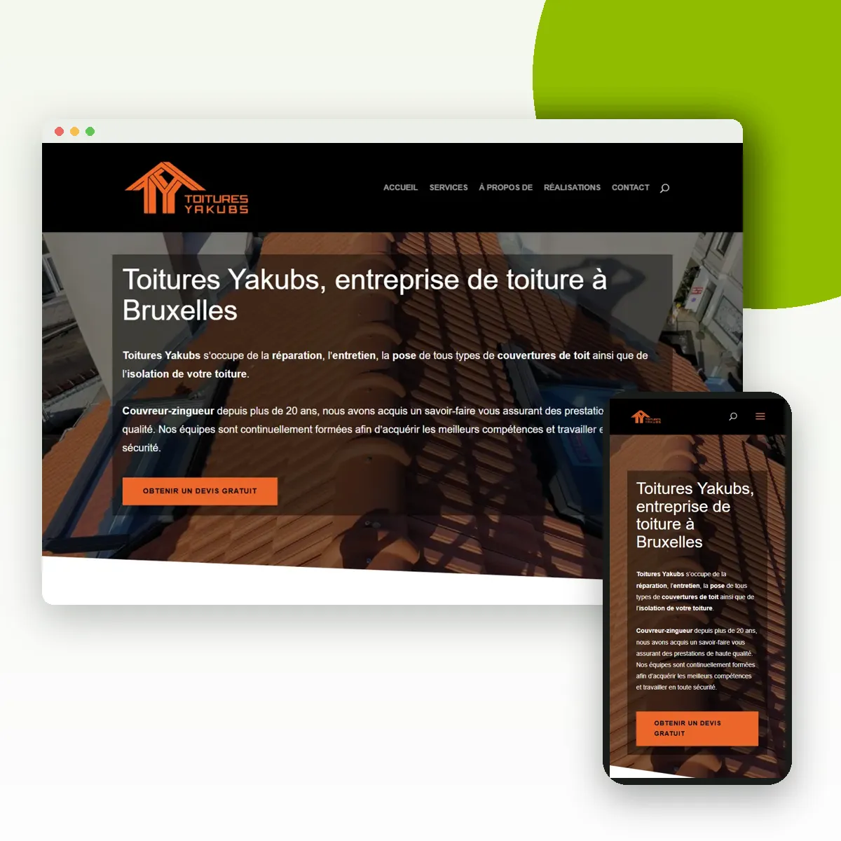 Site internet de Toitures Yakubs sur ordinateur et mobile, réalisé par Push Digi Site internet de Toitures Yakubs sur ordinateur et mobile, réalisé par Push Digi